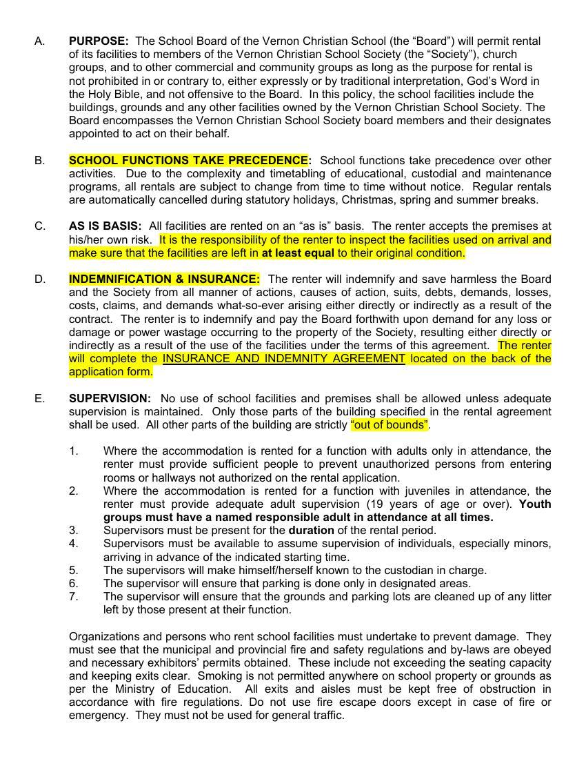 Vernon Facility Use & Rental Policy
